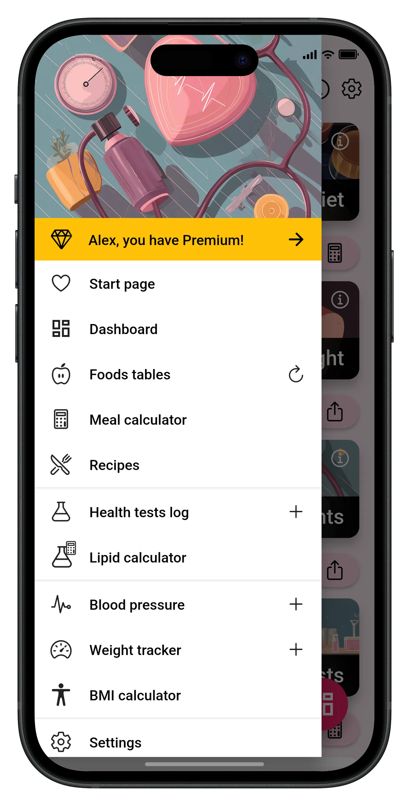 Navigation side menu with quick access to all health tools